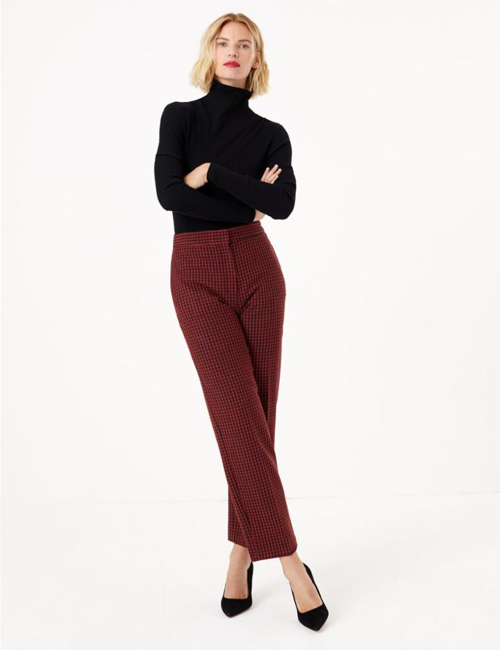 Marks & Spencer Dogtooth Straight Leg 7/8th Trousers Red Mix