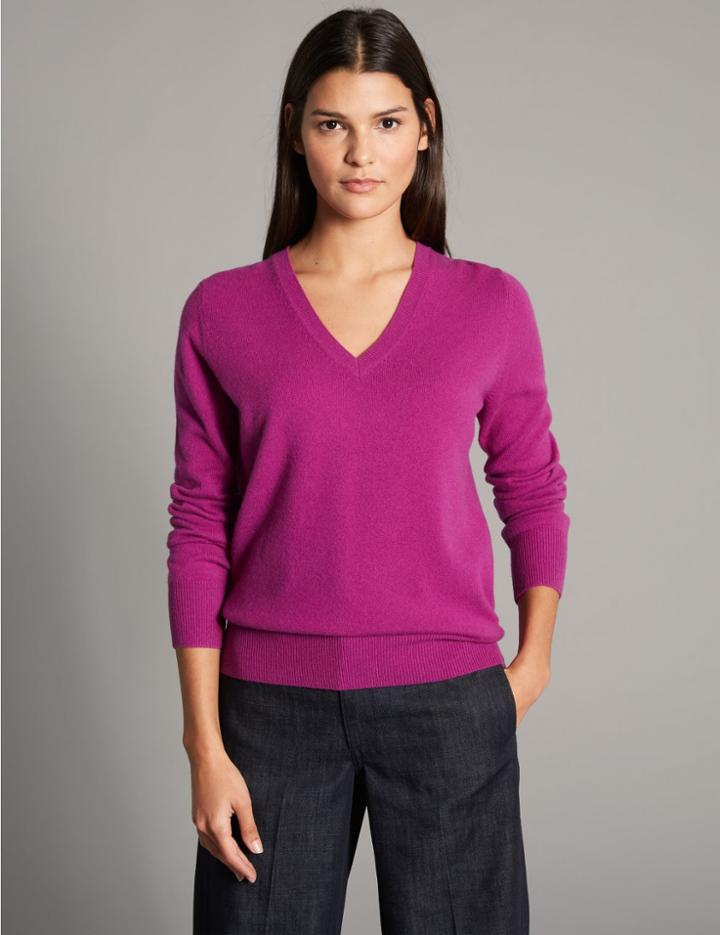Marks & Spencer Pure Cashmere Ribbed Hem V-neck Jumper Magenta