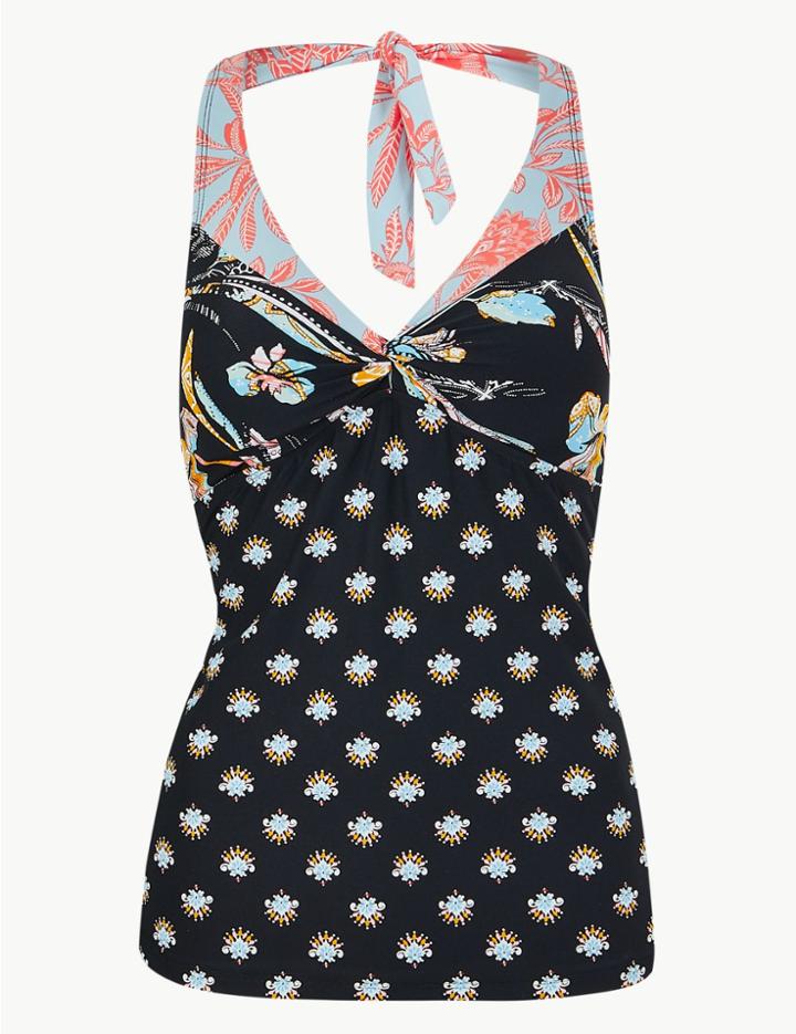 Marks & Spencer Floral Print Plunge Tankini Top Black Mix