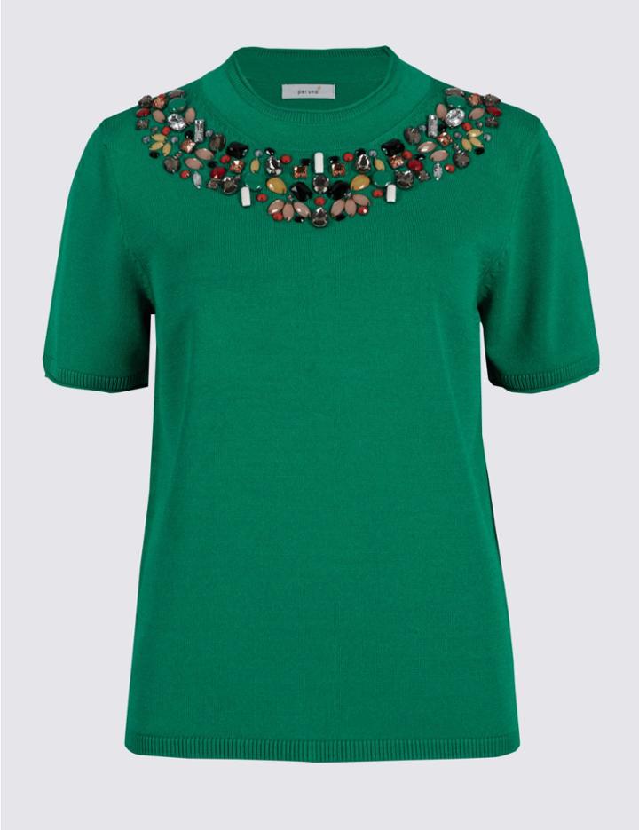Marks & Spencer Carnival Gem Round Neck Short Sleeve Jumper Green