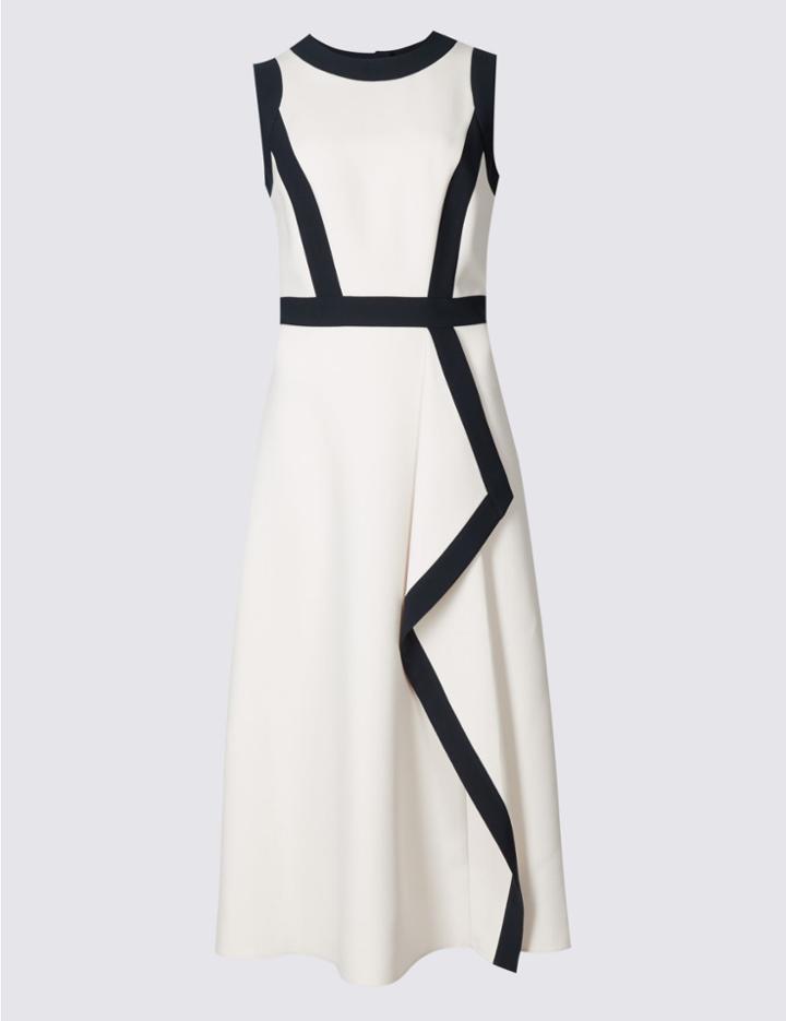 Marks & Spencer Contrast Waterfall Front Midi Dress Beige Mix