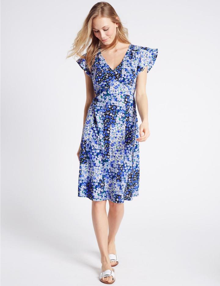 Marks & Spencer Floral Print Fuller Bust Swing Dress Blue Mix