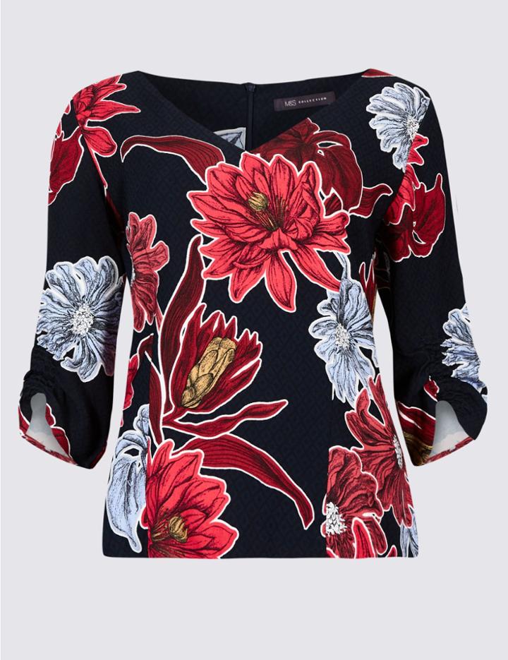 Marks & Spencer Petite Floral Print Ruched Sleeve Blouse Navy Mix