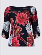 Marks & Spencer Petite Floral Print Ruched Sleeve Blouse Navy Mix