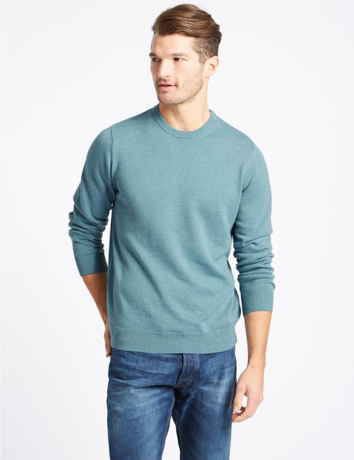 Marks & Spencer Pure Cotton Crew Neck Jumper Smokey Blue