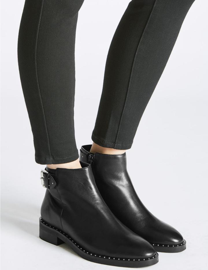 Marks & Spencer Leather Block Heel Strap Stud Ankle Boots Black