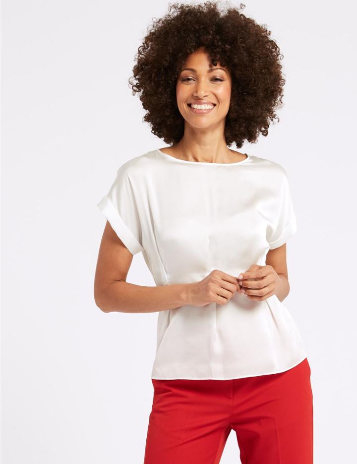 Marks & Spencer Satin Round Neck Short Sleeve Top Ivory