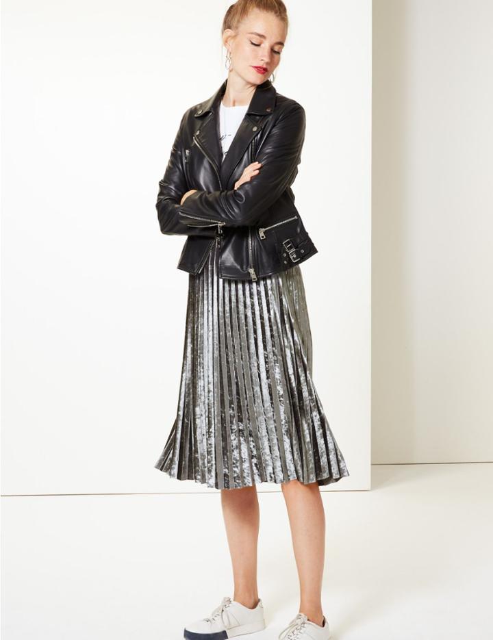 Marks & Spencer Velvet Pleated Midi Skirt Silver