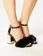 Marks & Spencer Wide Fit Statement Heel Faux Fur Sandals Black Patent