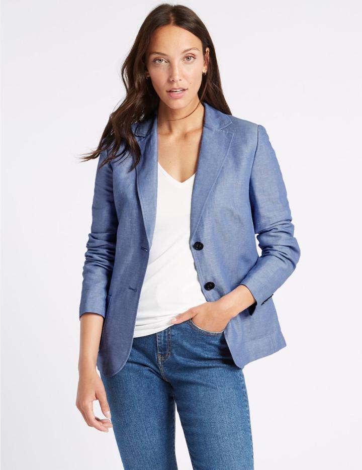 Marks & Spencer Linen Rich Single Breasted Blazer Blue