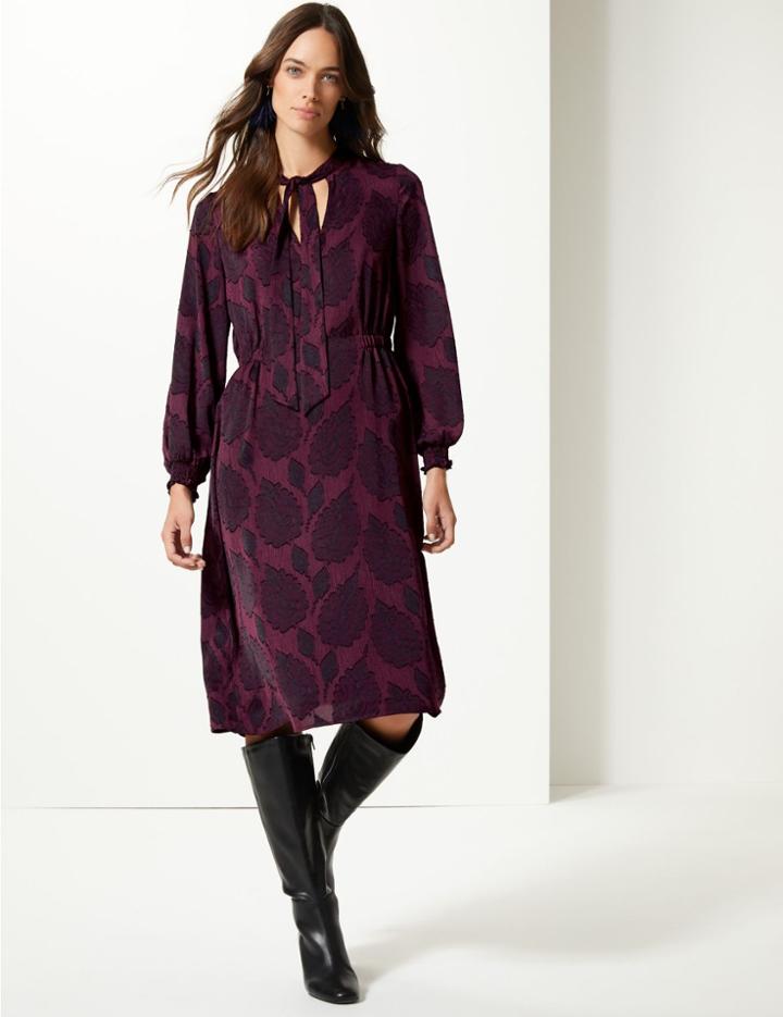 Marks & Spencer Jacquard Print Long Sleeve Shift Midi Dress Plum