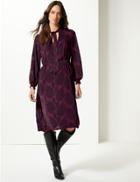 Marks & Spencer Jacquard Print Long Sleeve Shift Midi Dress Plum