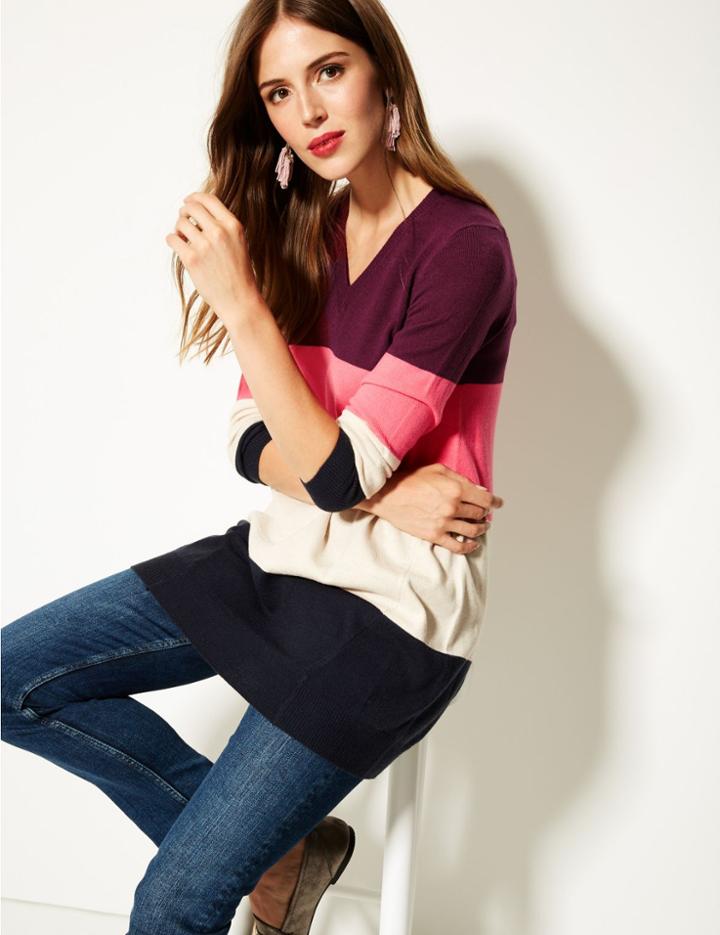 Marks & Spencer Cashmilon&trade; Colour Block V-neck Tunic Jumper Pink Mix
