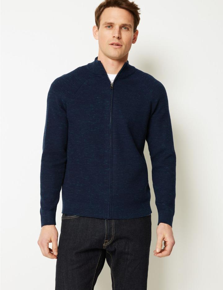 Marks & Spencer Textured Zip Through Cardigan Navy Mix