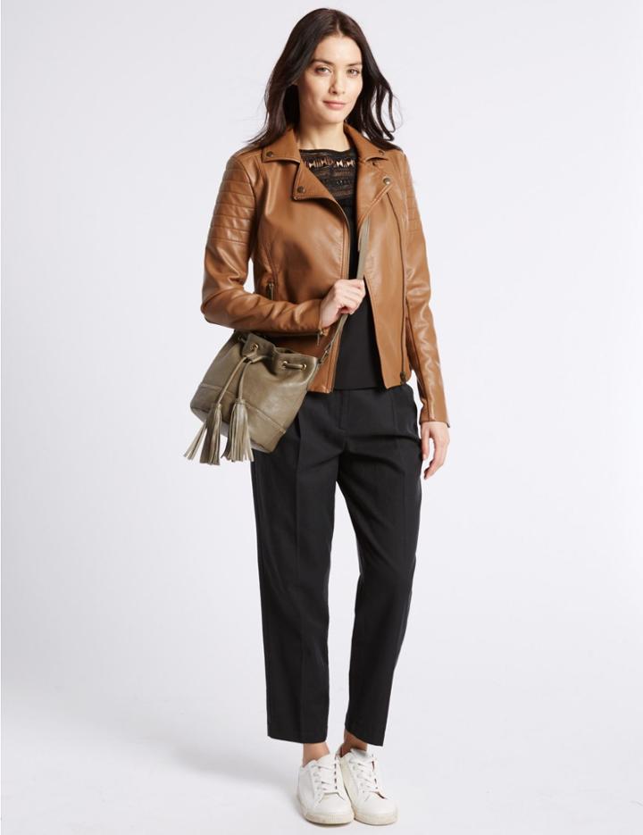 Marks & Spencer Leather Tassel Duffle Bag Light Khaki