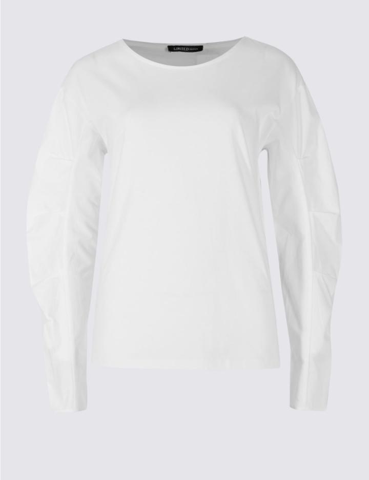 Marks & Spencer Pure Cotton Poplin Ruched Sleeve T-shirt White
