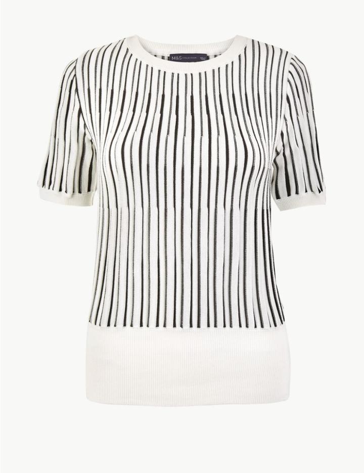 Marks & Spencer Striped Round Neck Short Sleeve Knitted Top White Mix