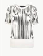 Marks & Spencer Striped Round Neck Short Sleeve Knitted Top White Mix