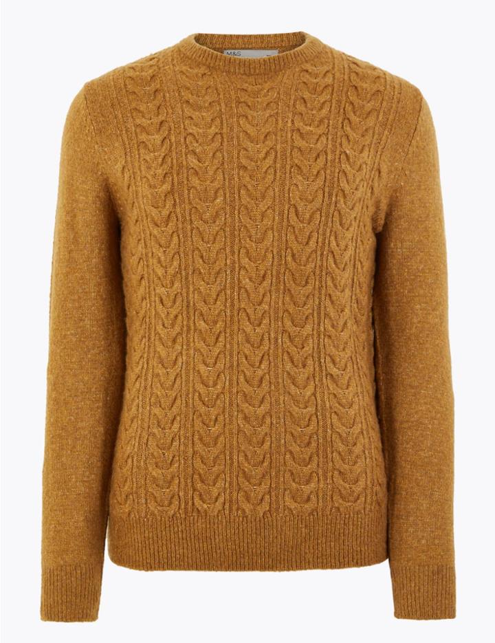 Marks & Spencer Supersoft Cable Knit Crew Neck Jumper Mustard