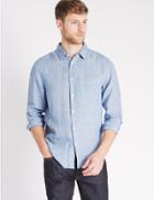 Marks & Spencer Pure Linen Textured Shirt With Pocket Blue