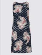 Marks & Spencer Petite Linen Blend Floral Print Tunic Dress Navy Mix