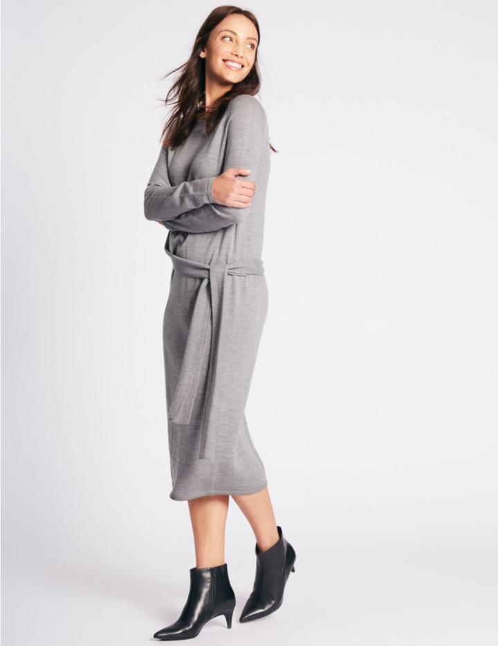 Marks & Spencer Pure Wool Tie Side Jumper Dress Silver Grey
