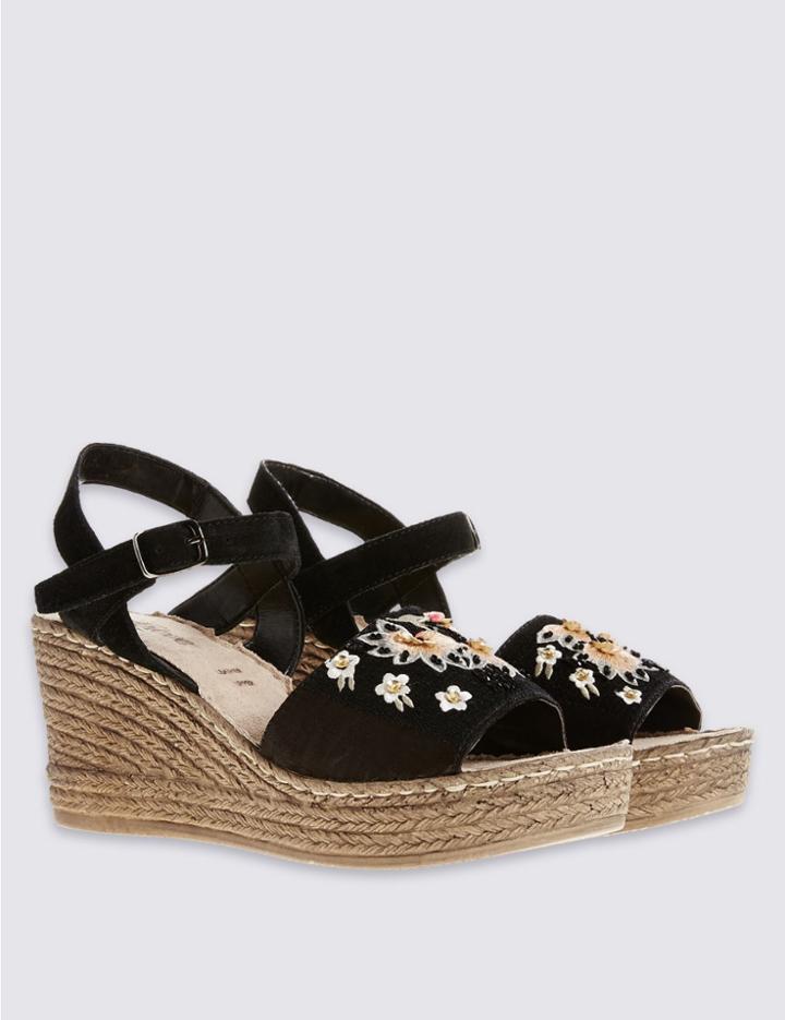 Marks & Spencer Wedge Heel Buckle Embroidered Sandals Black Mix
