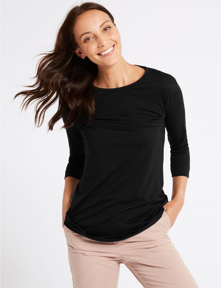 Marks & Spencer Round Neck 3/4 Sleeve T-shirt Black