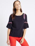 Marks & Spencer Pure Cotton Embroidered Gypsy Top Navy