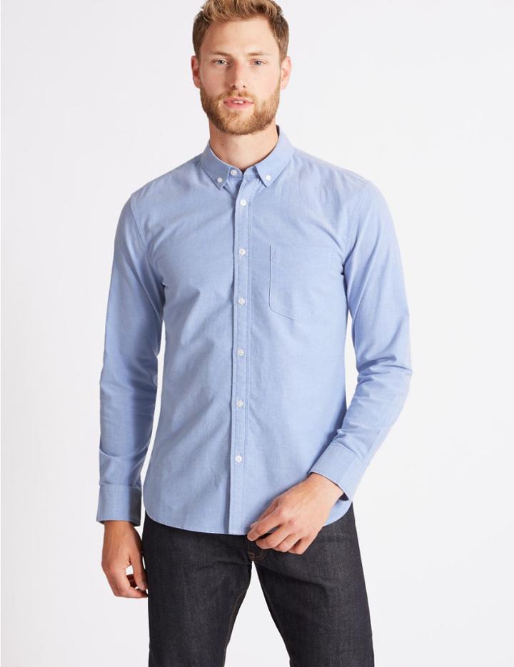 Marks & Spencer Pure Cotton Slim Fit Oxford Shirt With Pocket Blue
