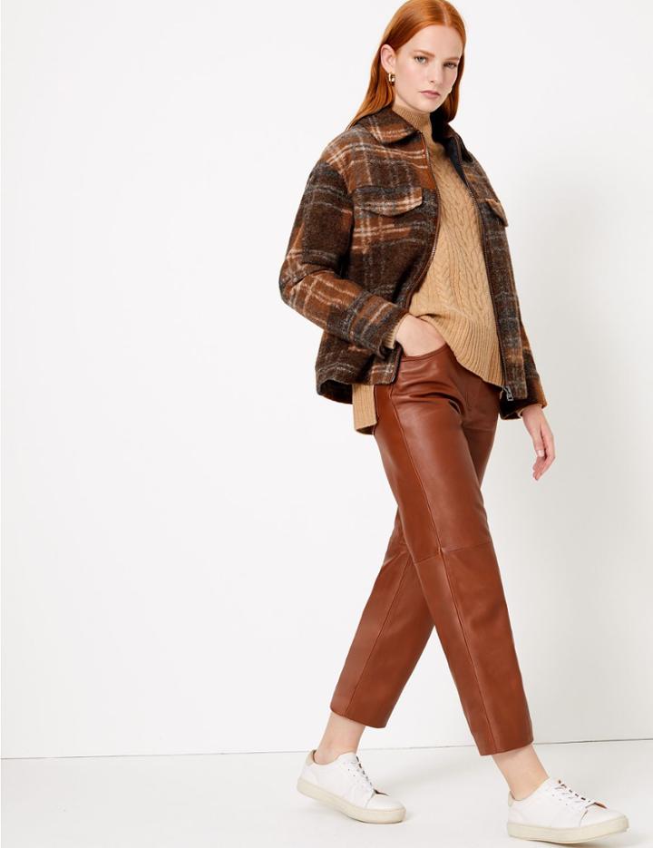 Marks & Spencer Checked Cropped Short Jacket Dark Brown Mix