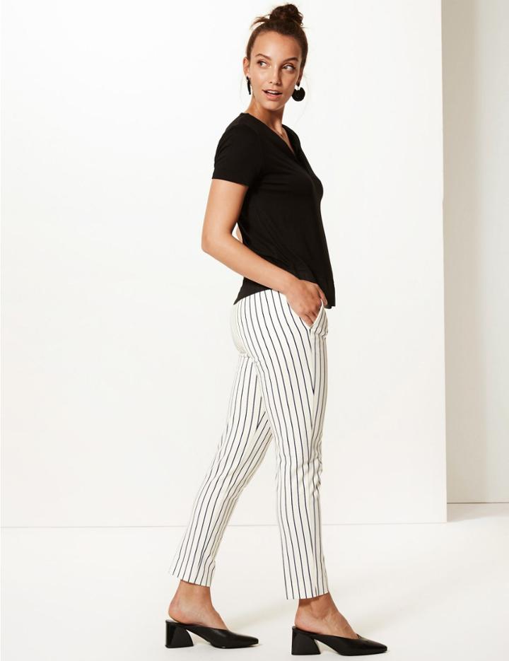 Marks & Spencer Cotton Blend Striped Slim Leg Trousers Ivory Mix