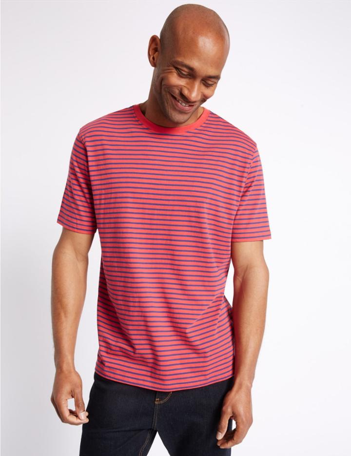 Marks & Spencer Pure Cotton Striped Crew Neck T-shirt Brick