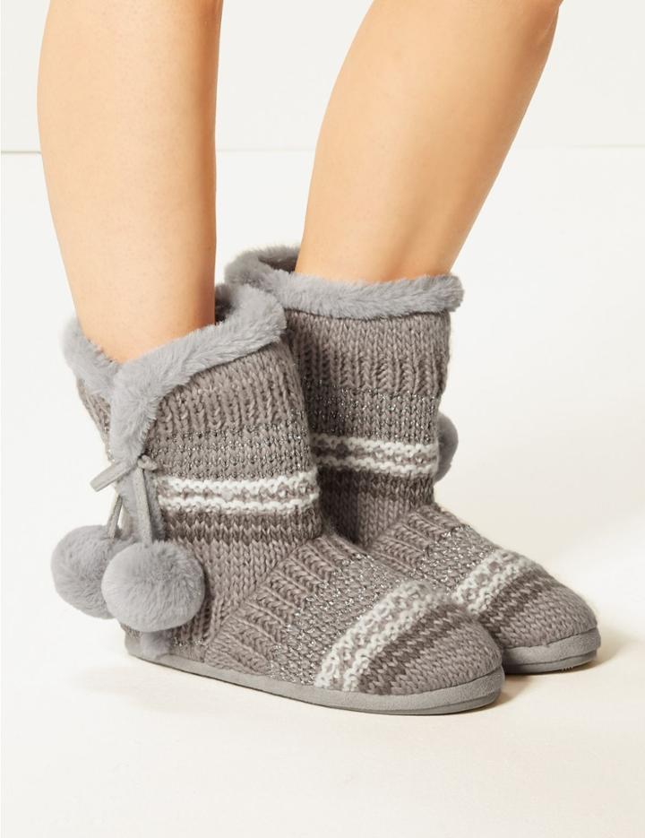 Marks & Spencer Faux Fur Pom-pom Slipper Boots Grey Mix
