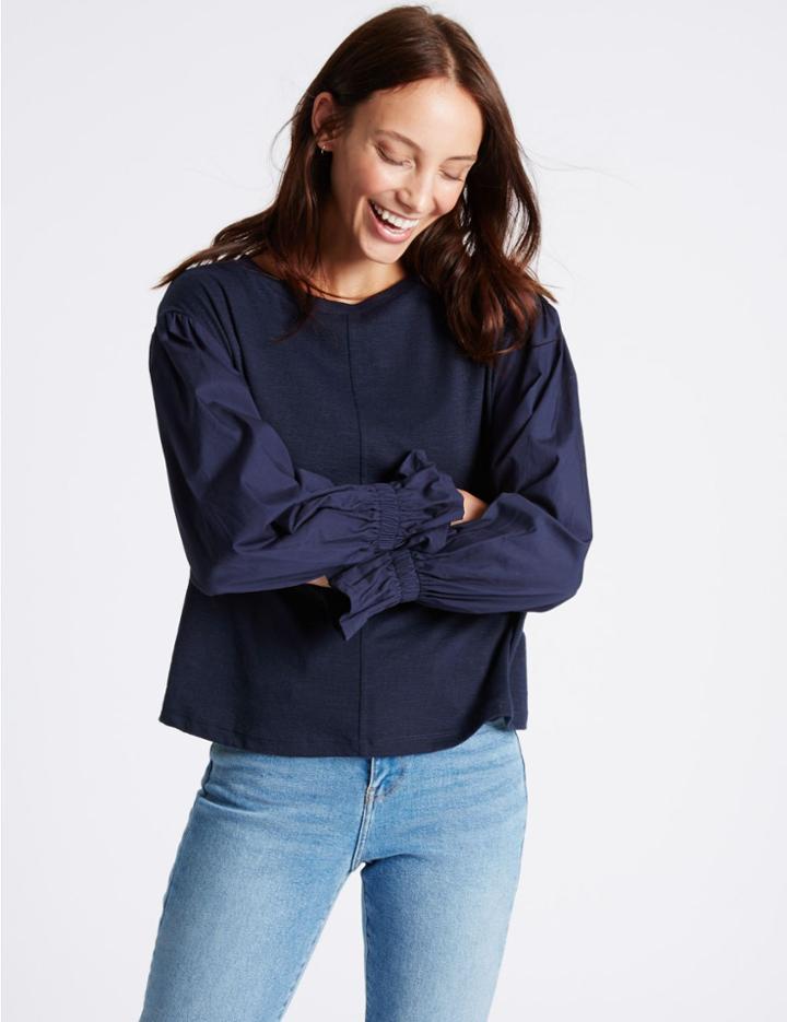 Marks & Spencer Round Neck Poplin Sleeve T-shirt Blue