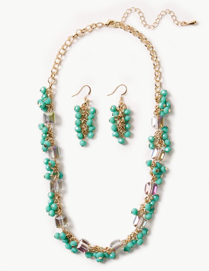 Marks & Spencer Necklace & Earrings Set Green Mix