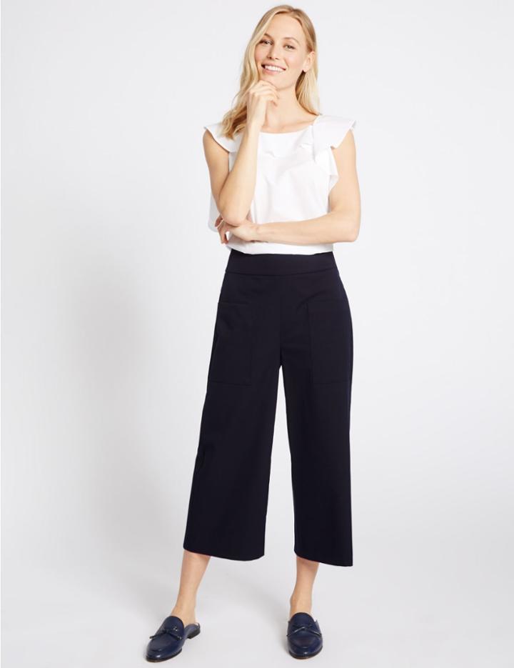 Marks & Spencer Cotton Rich Cropped Wide Leg Trousers Navy