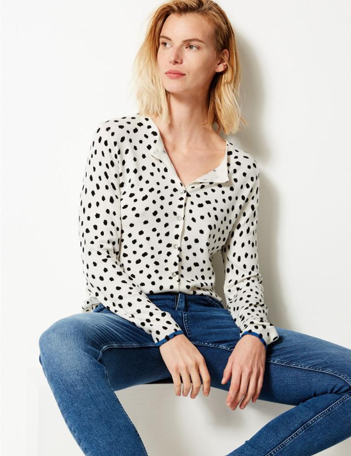 Marks & Spencer Polka Dot Round Neck Cardigan Black Mix