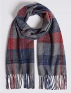 Marks & Spencer Overcheck Wool Woven Scarf Burgundy Mix