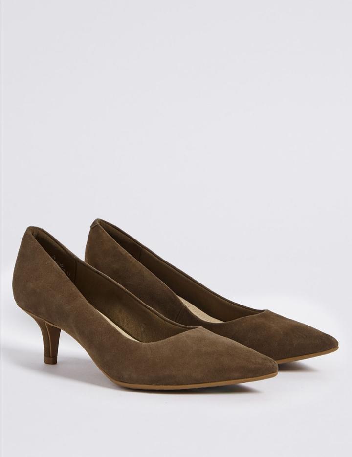 Marks & Spencer Wide Fit Suede Kitten Heel Court Shoes Khaki