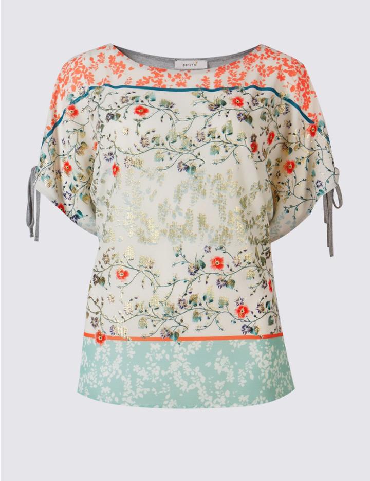 Marks & Spencer Floral Foil Print Split Sleeve T-shirt Ivory Mix