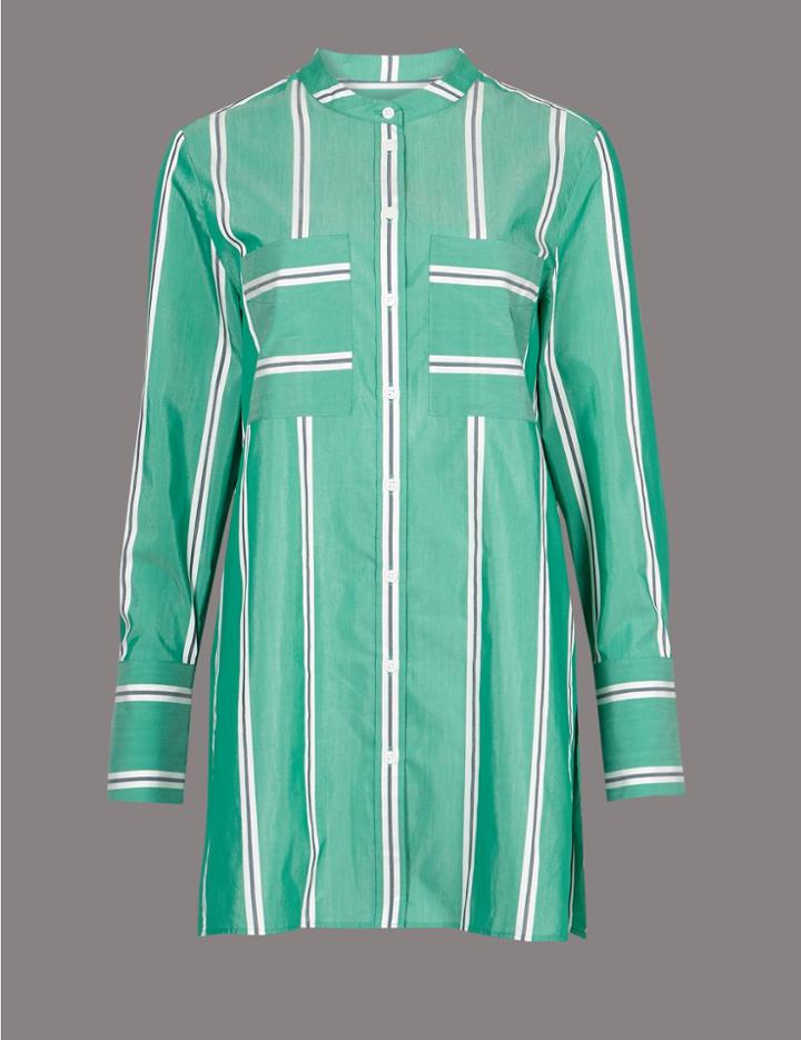 Marks & Spencer Cotton Blend Striped Longline Shirt Green Mix