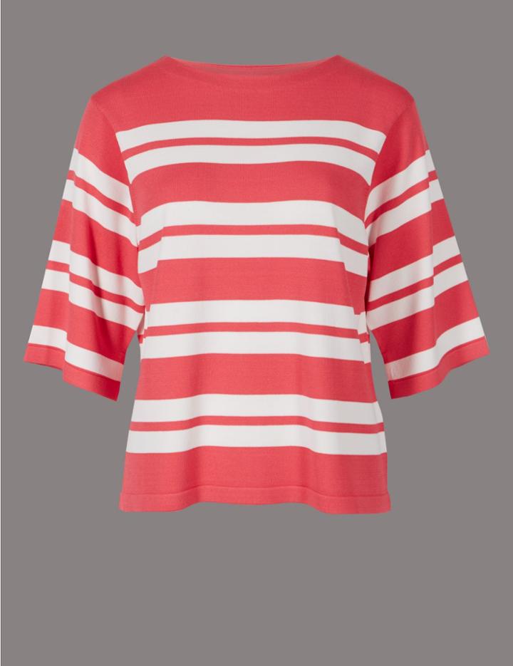Marks & Spencer Striped Round Neck 3/4 Sleeve Jumper Watermelon