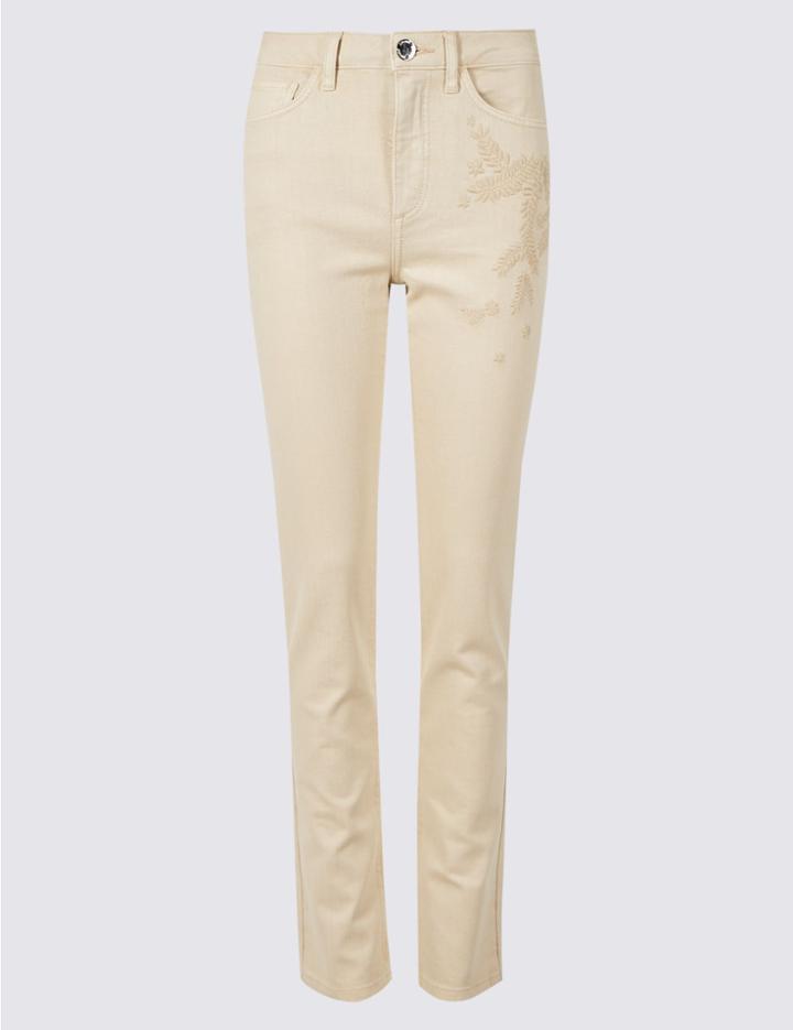 Marks & Spencer Embroidered Roma Rise Slim Leg Jeans Ecru