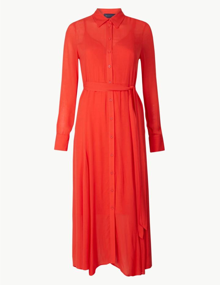 Marks & Spencer Petite Long Sleeve Shirt Midi Dress Red