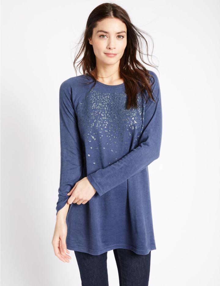 Marks & Spencer Printed Round Neck Longline Tunic Denim Mix