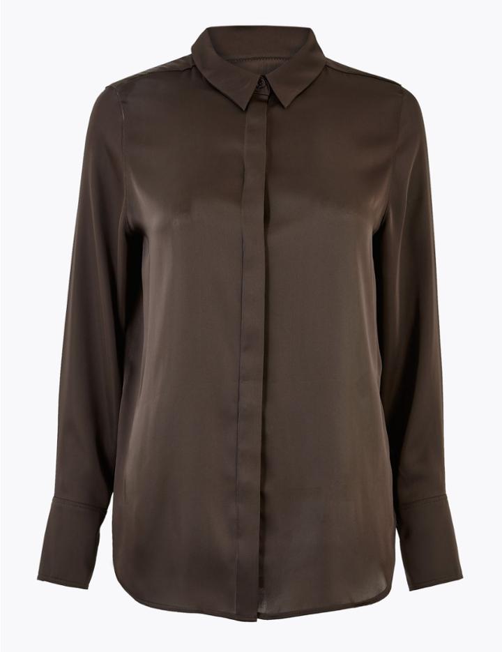 Marks & Spencer Satin Long Sleeve Blouse Dark Brown