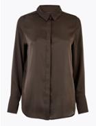 Marks & Spencer Satin Long Sleeve Blouse Dark Brown