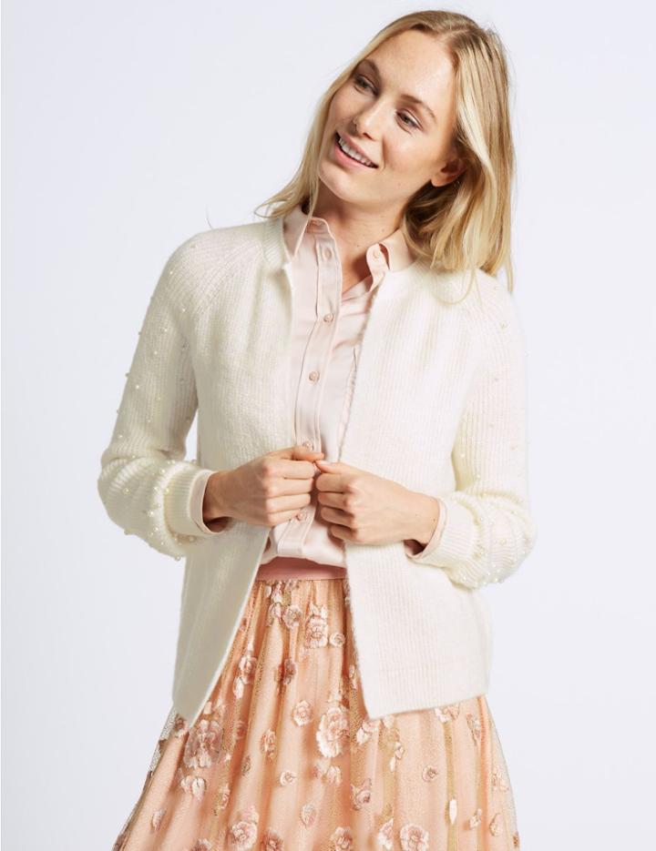 Marks & Spencer Pearl Sleeve Open Front Cardigan Cream