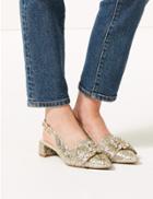 Marks & Spencer Block Heel Glitter Jewel Slingback Court Shoes Metallic